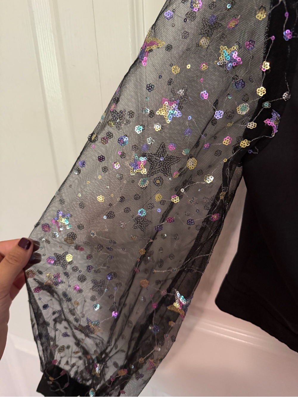 5 for $25! Women’s Black Square-Neck Top with Sheer Sequin Sleeves - Picture 4 of 5